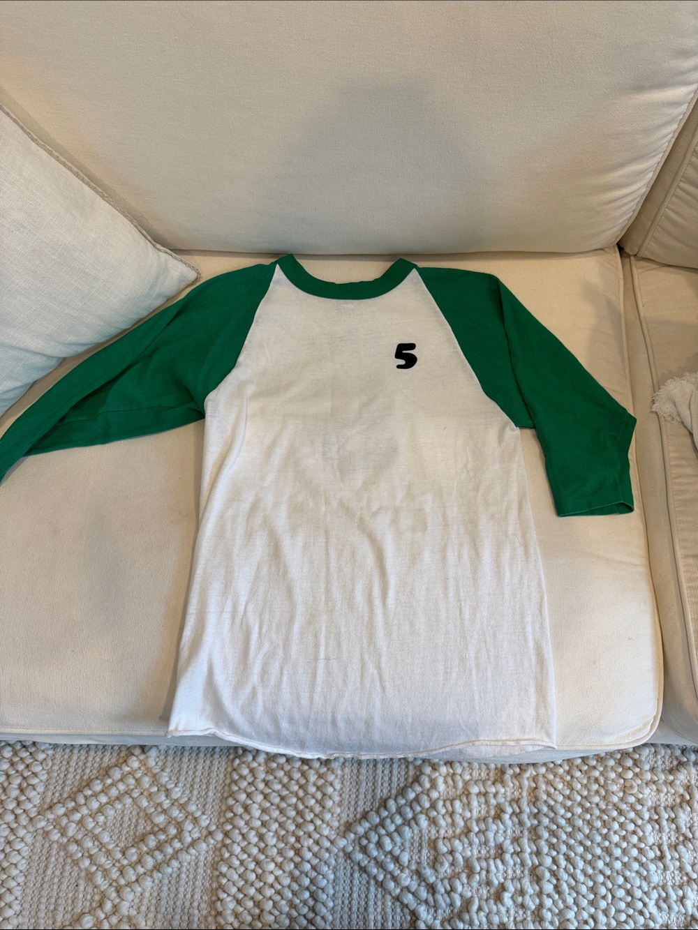 Vintage Russell Athletic White & Green Raglan Tee with Number 5